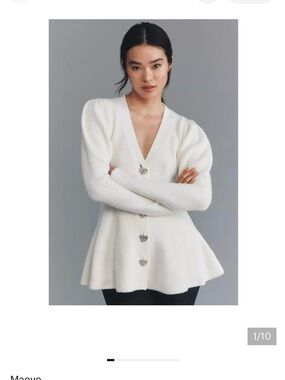 Anthropologie Ivory V-Neck Peplum Cardigan with Heart Buttons